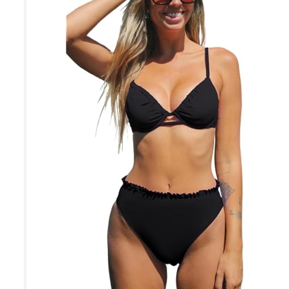 Cupshe Women Black Underwire Ruffle High Waisted Bikini Set XS